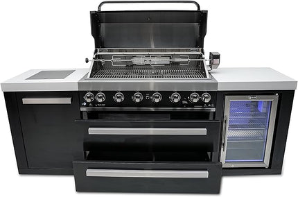 Mont Alpi MAi805-BSSFC 44-inch 6-Burner 115000 BTU Black Stainless Steel Gas Outdoor Kitchen Bar Island Grill w/Wine Cooler Beverage Center Refrigerator + Infrared Side Burner + Granite Countertop