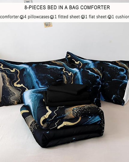 Bedbay Blue Marble King Size Comforter Set Blue Gold Marble Comforter Set 8 Pieces Soft Lightweight Bed in a Bag Metallic Luxury Bedding Set