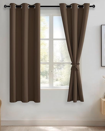 JIUZHEN Blackout Curtains with Tiebacks - Thermal Insulated, Light Blocking and Noise Reducing Grommet Curtain Drapes for Bedroom and Living Room, Set of 2 Panels, 42 x 63 Inch Length, Brown