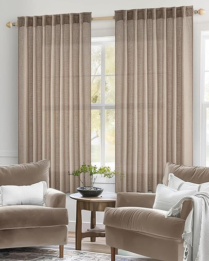 MIULEE Taupe Linen Curtains 63 Inch Length 2 Panels for Bedroom Living Room, Soft Thick Linen Textured Kitchen Window Drapes Semi Sheer Light Filtering Back Tab Rod Pocket Burlap Look Decor