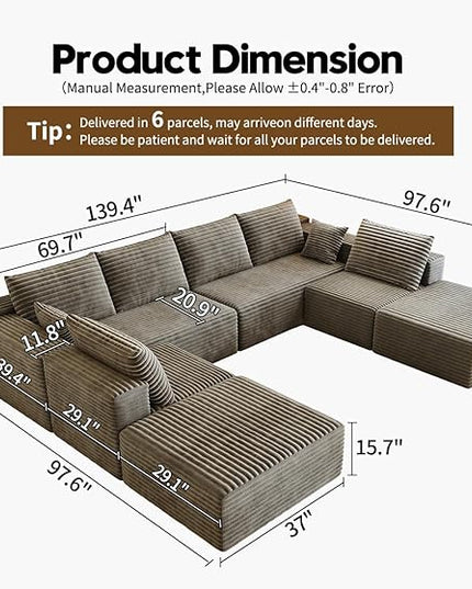 139.4" Modular Sectional Sofa Couch, Oversized U-Shaped Minimalist Couches with 2 Ottomans Chaise and 2 Middle Seats, Modern Deep Seat Cloud Plush Corduroy Sofas Set for Living Room, 8 Seater, Camel