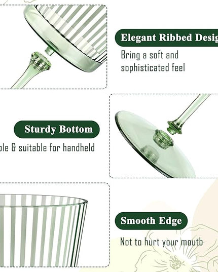 12 PCS Green Plastic Wine Glasses with Removable Stems 13.5 Oz Ribbed Wine Glasses Square White Wine Glass Muted Pastel Colors Goblets Elegant Fluted Glassware for Wedding Anniversary Birthday