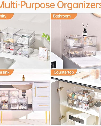 4 Pack Stackable Makeup Organizer, 4.4'' Tall Acrylic Bathroom Makeup Organizer and Storage Drawer with Pull-out Handle, Clear Plastic Storage Bins for Vanity,Pantry,Desk,Undersink,Kitchen