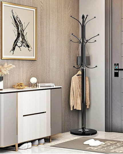 Kertnic Metal Coat Rack Stand with Natural Marble Base, Free Standing Hall Tree with 12 Hooks for Hanging Scarf, Bag, Jacket, Home Entry-way Hat Hanger Organizer (Black)