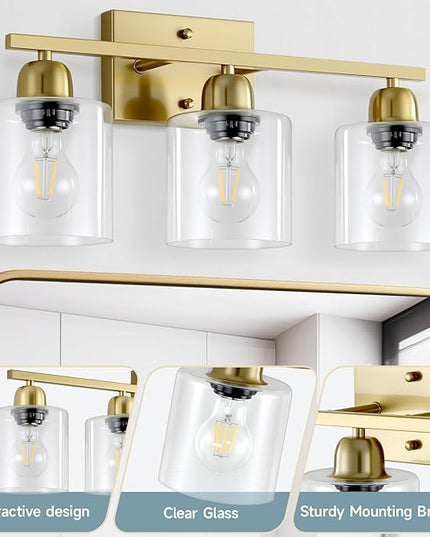 Modern Brushed Gold 3 Light Bathroom Light Fixtures, 19 inch Vanity Lights for Bathroom with Clear Glass, Bathroom Lighting Fixtures Over Mirror for Mirror Kitchen Living Room