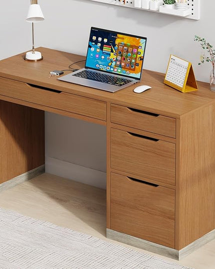 52 Inch Desk with 4 Drawers, Small Computer Desk for Small Space, Home Office Desk with Storage File Cabinet for Bedroom, Brown