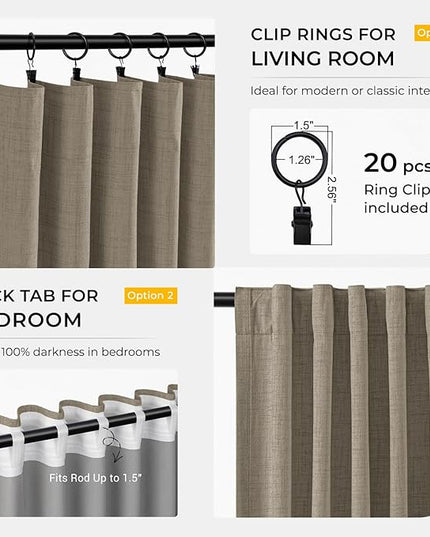 INOVADAY 100% Blackout Curtains for Bedroom, Black Out Curtains 84 Inch Long, Clip Rings Linen Blackout Drapes, Thermal Insulated Room Darkening for Living Room, 2 Panels - Fauxlinen,W50xL84