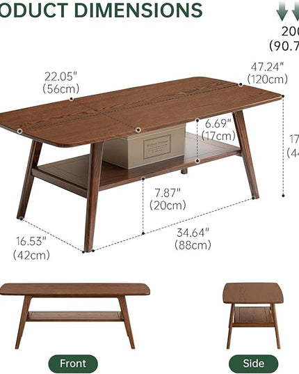 100% Solid Oak Wood Coffee Table with Storage Shelf, 2-Tier Rectangle Coffee Table for Living Room, Modern Center Table for Living Room (Walnut Colour, 47.24" W x22.05 D x 17.32" H)