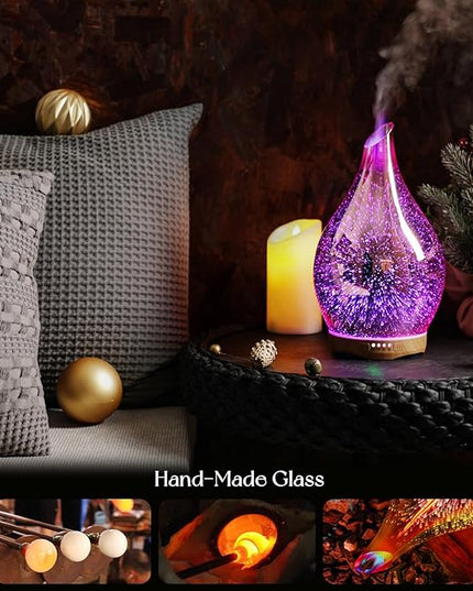 Porseme 280ml Essential Oil Diffuser, 3D Glass Aromatherapy Diffusor, Ultrasonic Cool Mist BPA Free Aroma Humidifier with Timer and Color Changing Function, Waterless Shut-Off for Home Office Room