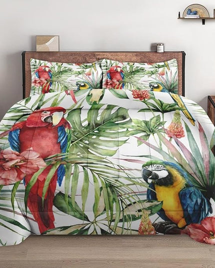 Twin Size Comforter Set with Pillowcase, Tropical Hibiscus Birds 2 Pcs Bedding for Kids and Adults, Flower Palm Leaf Soft Comforter Set for Bedroom Bed Decor