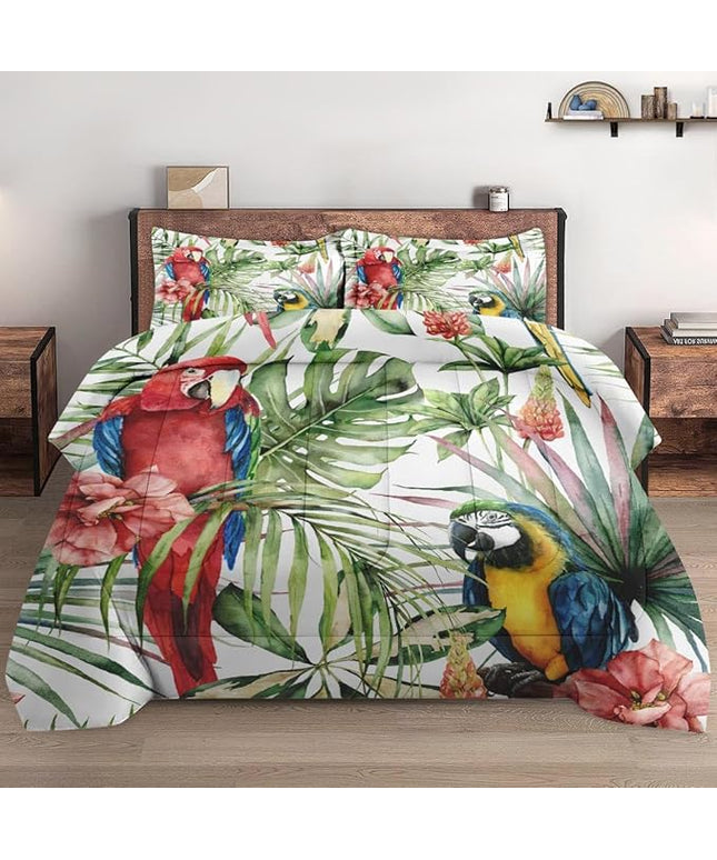 Twin Size Comforter Set with Pillowcase, Tropical Hibiscus Birds 2 Pcs Bedding for Kids and Adults, Flower Palm Leaf Soft Comforter Set for Bedroom Bed Decor
