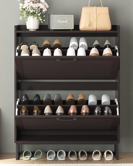 Maupvit Shoe Storage Cabinet with 2 Flip Louvered Doors, Freestanding Organizer with Metal Legs, Shoe Cabinet for Entryway, Narrow Shoe Rack Cabinet, Espresso Color