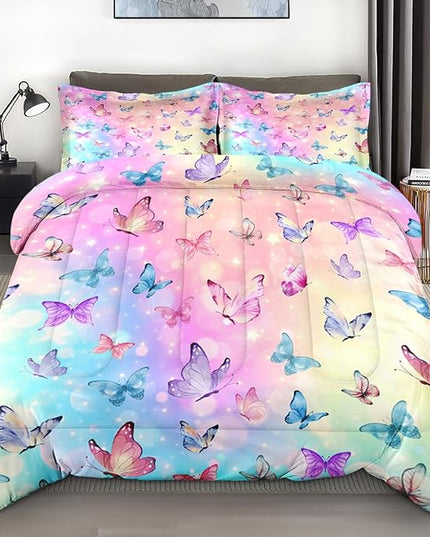 Comforter Set King Size, Pink Blue Butterfly Soft 3 Pcs Bedding for Kids and Adults Purple Colorful Rainbow Comforter Set with 2 Pillowcases for Bedroom Bed Decor