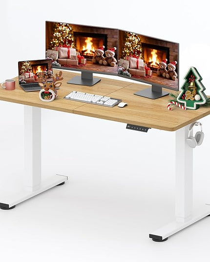 SANODESK Standing Desk Height Adjustable Electric Stand up Desk 63x24 Inches Sit Stand Home Office with Splice Board, White Frame/Maple Top