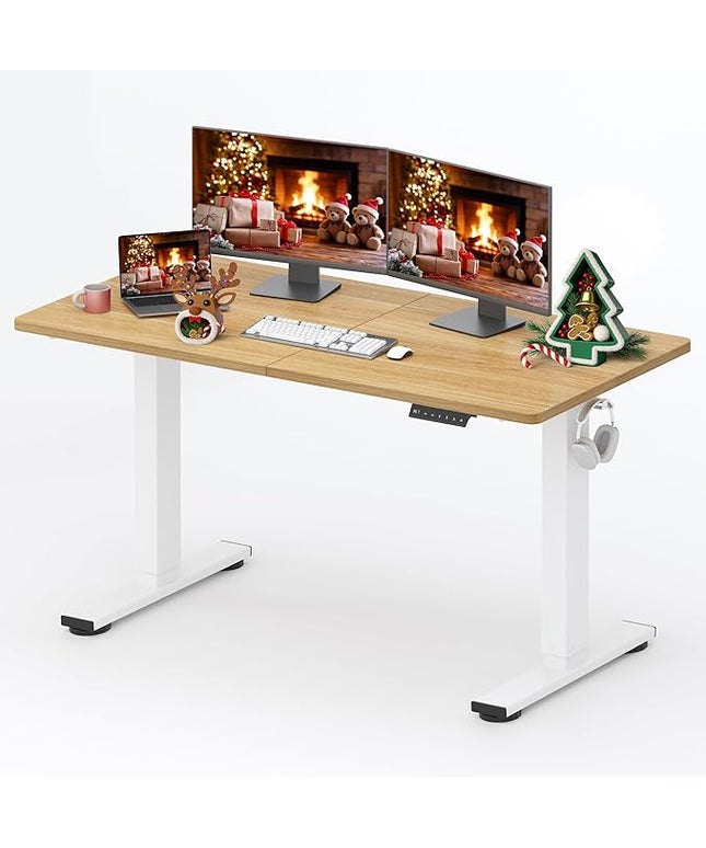 SANODESK Standing Desk Height Adjustable Electric Stand up Desk 63x24 Inches Sit Stand Home Office with Splice Board, White Frame/Maple Top