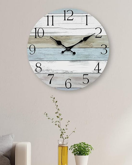 HYLANDA Wall Clock, 12 Inch Wall Clocks Battery Operated Silent Non Ticking, Wooden Clocks Decorative for Kitchen, Bathroom, Bedroom, Living Room Blue