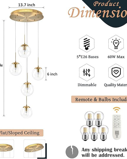 KoKo&Yukina 5-Light Globe Glass Pendant Light Adjustable Length Pendant Lights Modern Gold Clear Globe Glass Chandelier High Ceiling Lights Fixtures for Foyer Staircase Entryway (Bulb & Remote Incl.)