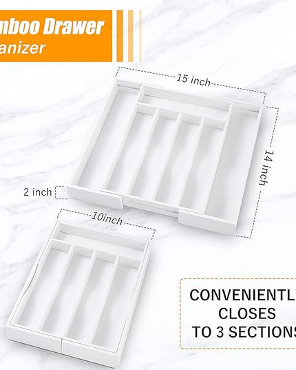 Bellsal White Silverware Organizer Kitchen Drawer Organizer Expandable Bamboo Utensil Holder Cutlery Tray for Kitchen Utensil and Flatware Bedroom Office
