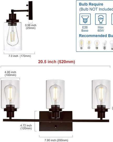 MELUCEE 3 Light Bathroom Vanity Light Oil Rubbed Bronze, Industrial Wall Light Fixture with Clear Glass Shade Sconces for Bedroom Porch Kitchen Living Room (Patent No.: US D963914 S)