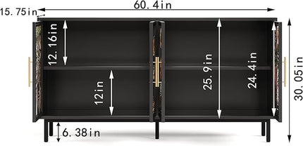 GDFStudio 60.3" Retro Buffet Sideboard Cabinet with 4 Glass Doors, Modern Glazed Painting Art Storage Cabinet Console Table, Artistic Tropical Glass Credenza Buffet for Living Room Dining Room, Black