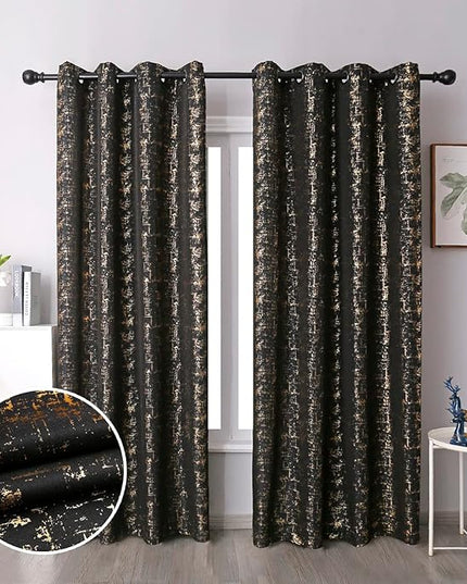 Taisier Home Gold Foil Print Linen Textured Curtains Geometric Dots Pattern Design Curtains for Nursery Toy Room Thermal Insulated Window Treatment 2 Panels 45" L,Black and Gold Curtain Print
