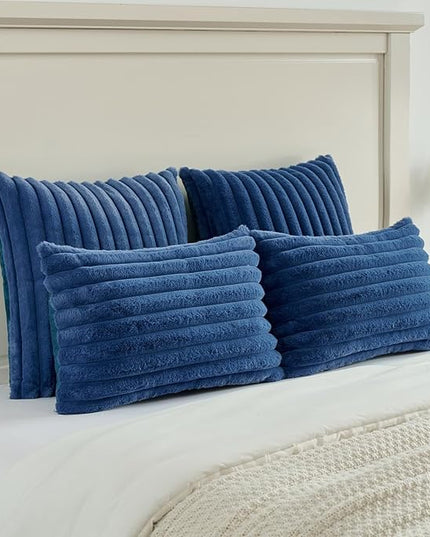FUTEI Navy Blue Throw Pillow Covers Set of 2, 24x24 Inch Striped Texture European Cushion Cases with Soft Faux Rabbit Fur Front & Velvet Back, Modern Decorative Couch Pillows for Living Room