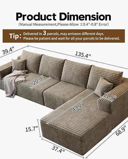 135.4" Cloud Modular Sectional Sofa Couch with L-Shape Chaise,Modern Minimalist Upholstered Couches for Living Room Bedroom,Deep Seat Corner Couch，No Assembly Required (Camel,Right Facing Chaise)