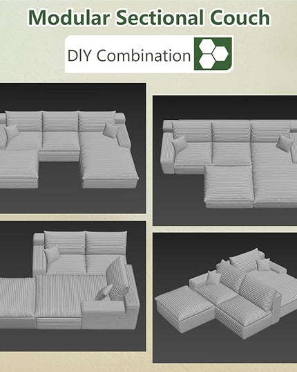 107" Cloud Couch Modular Sectional Sofa for Living Room, U-Shape Boneless Couch with Deep Seat, Modern Corduroy 3-Seater with Ottoman, No Assembly Required (Green,Right-Facing Chaise)