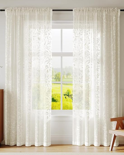 Anmao Beige Semi Sheer Light Filtering Curtains 54 Inches Long 2 Panels, Leaf Pattern Drapes for Living Room Bedroom, Rod Pocket Sheer Window Treatments with Floral Design, 52x54 Inch