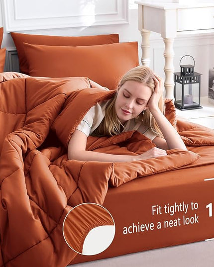 CozyLux Full Size Comforter Sets Terracotta, 7 Pieces Bed in a Bag, Burnt Orange Fall Comforter Full Size, All Season Bedding Sets with Stitch Quilted Comforter, Flat Sheet, Fitted Sheet, Pillowcases