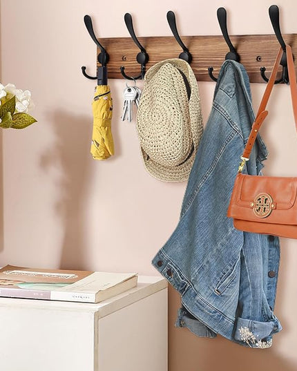 Coat Rack Wall Mount Wooden Hat Rack for Wall Hooks Pine Real Wood Plank 16.9" Brown Coat Hanger with 5 Triple Hooks for Hanging Coat Hat Jacket