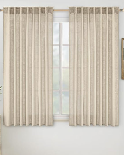 MIULEE Linen Curtains 54 Inch Length 2 Panels for Bedroom Living Room, Soft Thick Linen Textured Back Tab Short Window Drapes Semi Sheer Light Filtering Rod Pocket Modern Farmhouse Decor