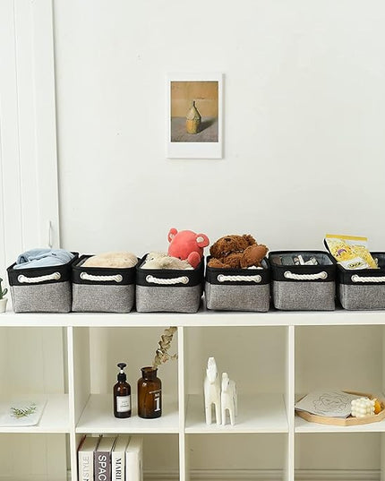 TheWarmHome Storage Basket for Organizing - 12x8x5.2 inch Small 6 Pack Collapsible Storage Bin for Shelves with Rope, Fabric Storage Cubes for Cloth Gift Toy Decorative Organizer (Black & Grey)