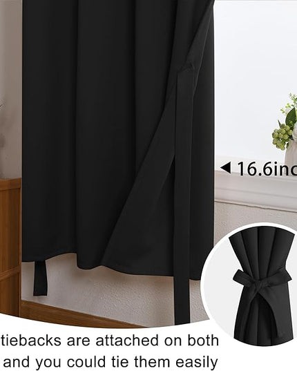 JIUZHEN Black Blackout Curtains with Tiebacks - Thermal Insulated, Light Blocking and Noise Reducing Grommet Curtains for Bedroom and Living Room, Set of 2 Window Curtain Panels, 34 x 24 Inch Length
