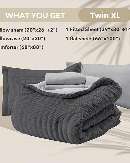 HYMOKEGE Dark Grey/Light Grey Twin XL Comforter Set Seersucker 5 Pieces, All Season Luxury Bed in a Bag for Bedroom, Bedding Set with Comforter, Sheets, Pillowcase & Sham