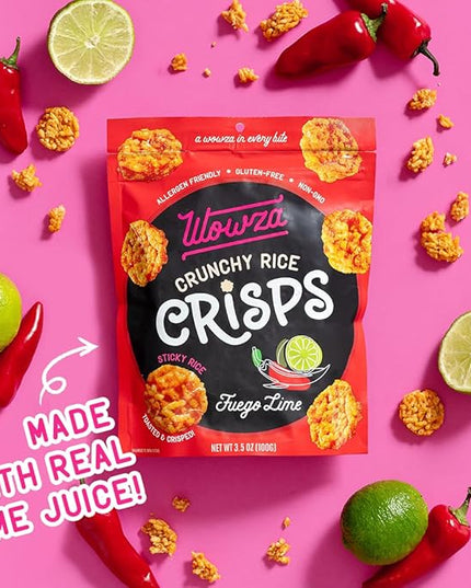 Wowza Fuego-Lime - Healthy Snacks, Mini Rice Cakes, Sticky Rice Crunchy Snack, Low Calorie, Savory Rice Crisp - Ideal Healthy Snack for Adults & Kids, 3.5 oz Bag, 8 Pack