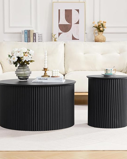 Fluted Round Nesting Coffee Table Set of 2, Mid Century Modern Wood Coffee Table and End Table Set, Minimalist Center Tables Circle Side Table for Living Room, Office(Black