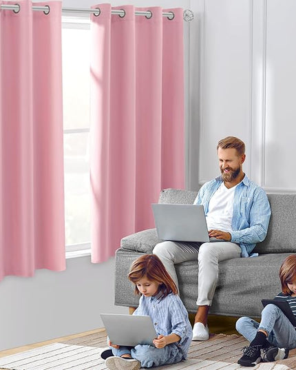 HOMEIDEAS Baby Pink Blackout Curtains for Kids, 52 X 63 Inch Length 2 Panels Set, Room Darkening Curtains for Girl's Room, Soundproof Thermal Grommet Window Curtains for Living Room