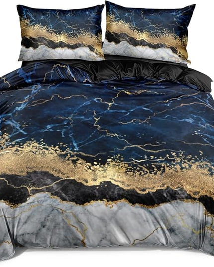 Royal Blue Marble Duvet Cover Set Twin Size Sequin Gold Bedding Comforter Covers with 2 Pillow Shams Breathable Durable Soft Comfy