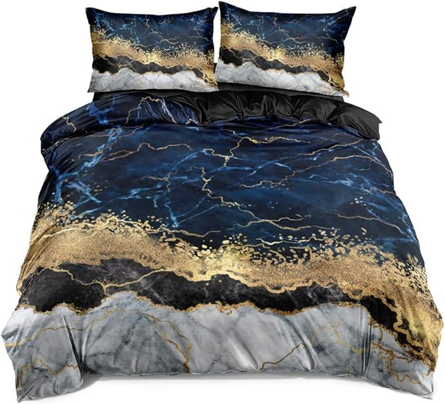 Royal Blue Marble Duvet Cover Set Twin Size Sequin Gold Bedding Comforter Covers with 2 Pillow Shams Breathable Durable Soft Comfy
