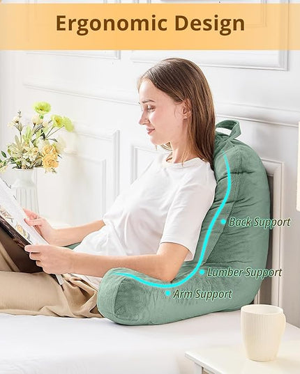 Sasttie Reading Pillow, Velvet Back Pillow for Bed Sitting Up, Adult Back-Rest Support Cushion with Arms for Sit Up on Couch, Sofa, and Floor, Dorm Essentials, Reading Accessories, Sage