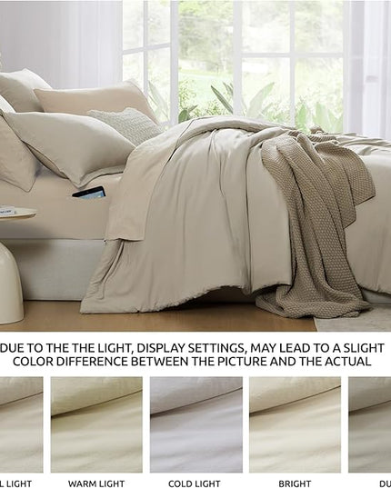 WRENSONGE King Size Comforter Set, 7 Pieces Soft Light Oatmeal Bed in a Bag King with Fitted Sheet, Flat Sheet, 2 Pillow Shams, and 2 Pillowcases- Warm Bedding Set for All Season