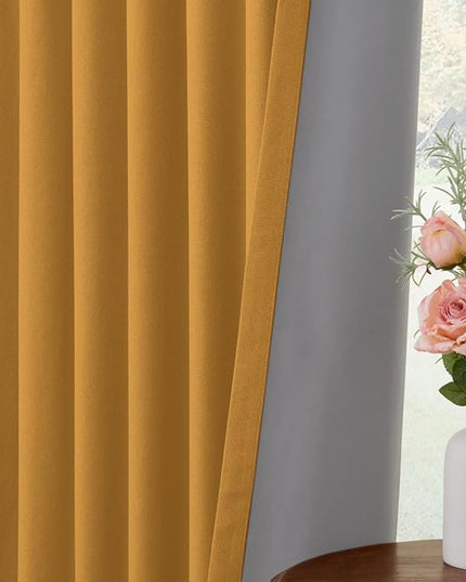INOVADAY 100% Blackout Curtains for Bedroom, Black Out Curtains 84 Inch Long, Clip Rings Linen Blackout Drapes, Thermal Insulated Room Darkening for Living Room, 2 Panels - Mustard Yellow,W50xL84