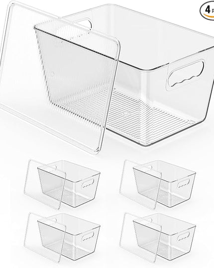 Clear Plastic Storage Bins, Pantry Organizers & Storage Containers, Cabinet Organizer, Home Organization Must Haves for Kitchen, Laundry Room, Office, Closet & Freezer (4 Pack with Lids)