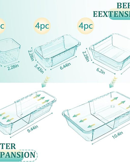 14 Pcs Adjustable Clear Drawer Organizer, Extendable Vanity Storage Bins, Desk Drawer Organizer Set for Makeup, Cosmetics, Bedroom, and Gadgets, Blue