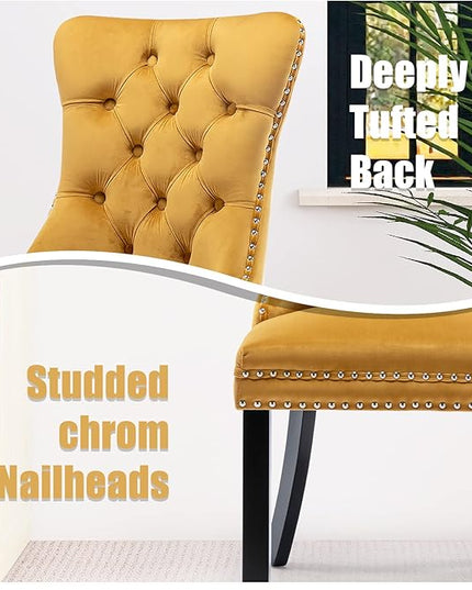 SoarFlash Velvet Dining Chairs Set of 2, Tall Back Side Chair, Modern Upholstered High-end Tufted Side Chair with Button Back Ring, Solid Wood Legs (Gold)