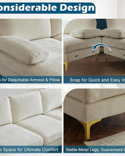 VINGLI 110" Large U-Shape Sectional Sofa Couch with 51" D Double Chaise for Living Room, Modern Sectional Couch Set with Soft 5.9" Thickness Seating Padding, Chenille Fabric,Metal Gold Legs(Beige)