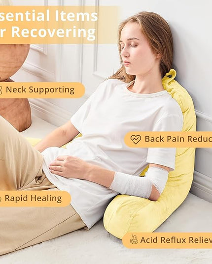 Sasttie Reading Pillow, Velvet Back Pillow for Bed Sitting Up, Adult Back-Rest Support Cushion with Arms for Sit Up on Couch, Sofa, and Floor, Dorm Essentials, Reading Accessories, Light Yellow