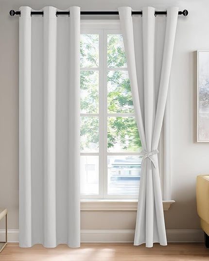 JIUZHEN Greyish White Blackout Curtains with Tiebacks - Thermal Insulated, Light Blocking and Noise Reducing Grommet Drapes for Bedroom and Living Room, Set of 2 Curtain Panels, 42 x 84 Inches Long
