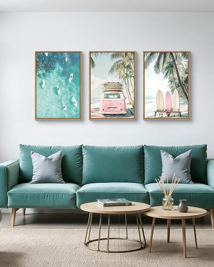 HOURIA Summer Surfboard Beach Framed Canvas Wall Art Set,Modern Ocean Surfing Seascape Wall Decor,Coastal Bus Coconut Tree Wall Painting,Nature Botanical Art Prints for Living Room, Bedroom-24 x36 x3